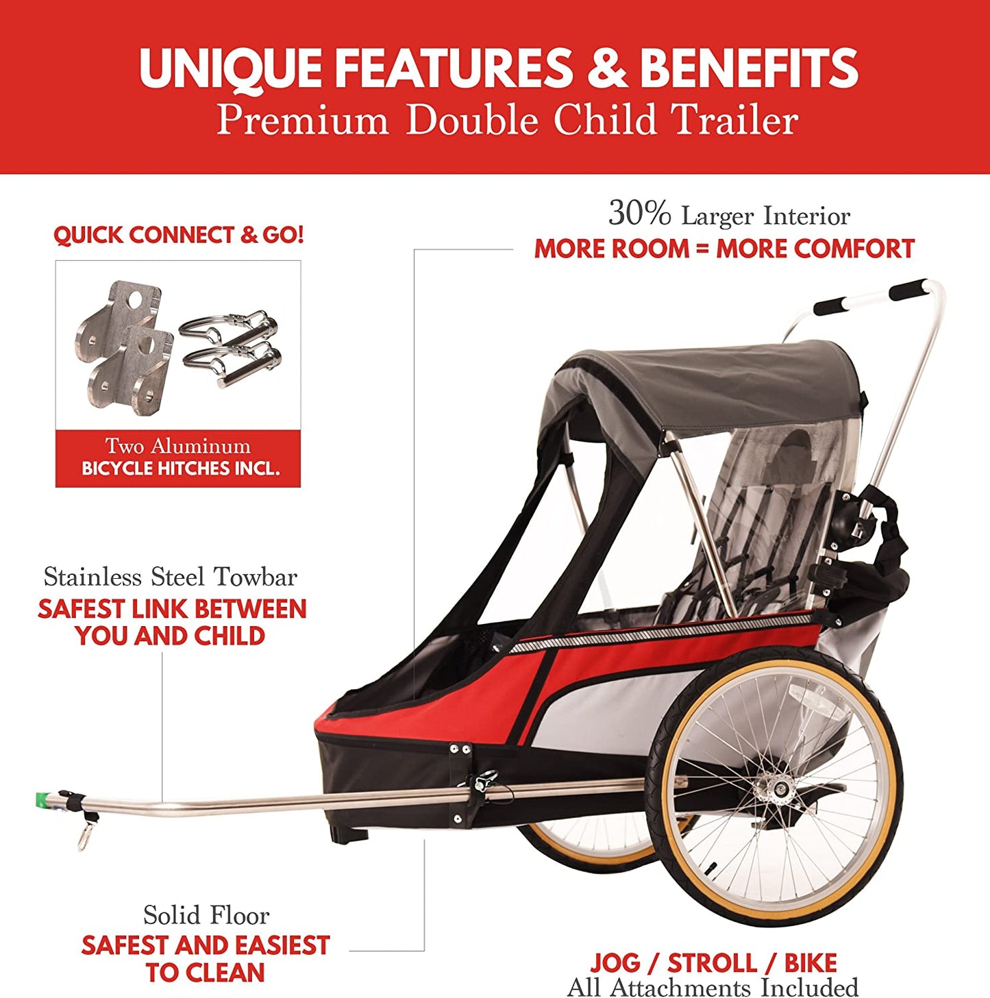 Wike Premium Double Children's Bike Trailer - Includes Stroller and Jogging Kit