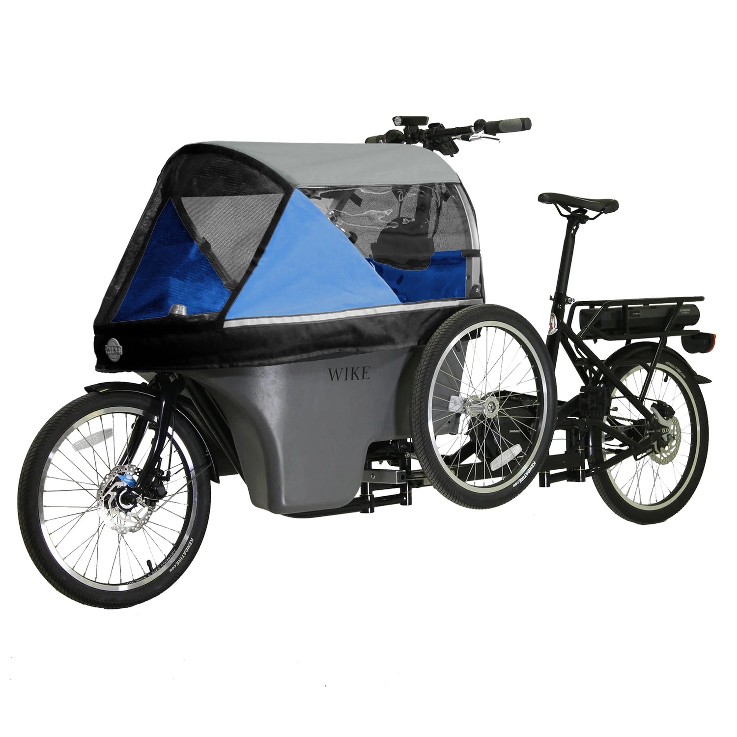 WIKE Salamander Cargo Stroller + E-Bike in bike mode, blue fabric.